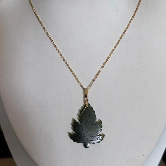Carved Jade Leaf Pendant Necklace - Picture 1 of 4